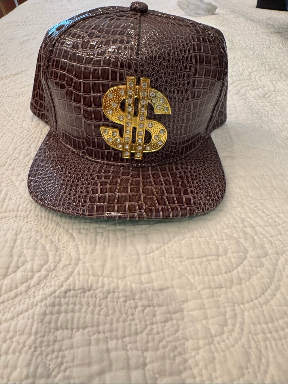 Men's Brown Faux-Croc Snapback Hat with Gold Dollar Emblem
